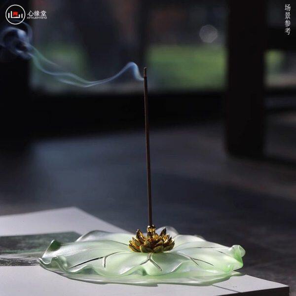 琉璃描金莲叶线香香插禅意荷叶香座创意莲花菡萏香座家居茶道摆件