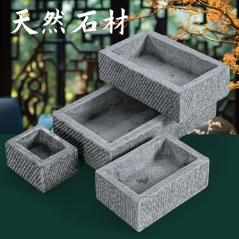 青石手工雕刻流水石槽养鱼石z缸养花盆办公室客厅石雕摆件工艺品