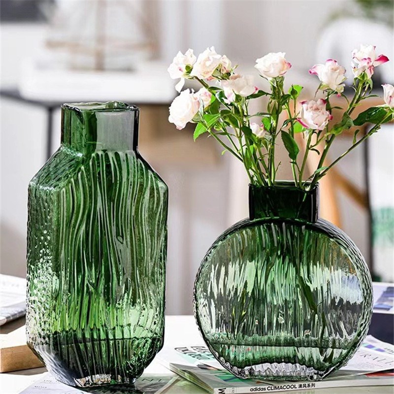 轻奢简约树皮纹玻璃花瓶水v养鲜花插花干花客厅样品板房餐桌装饰