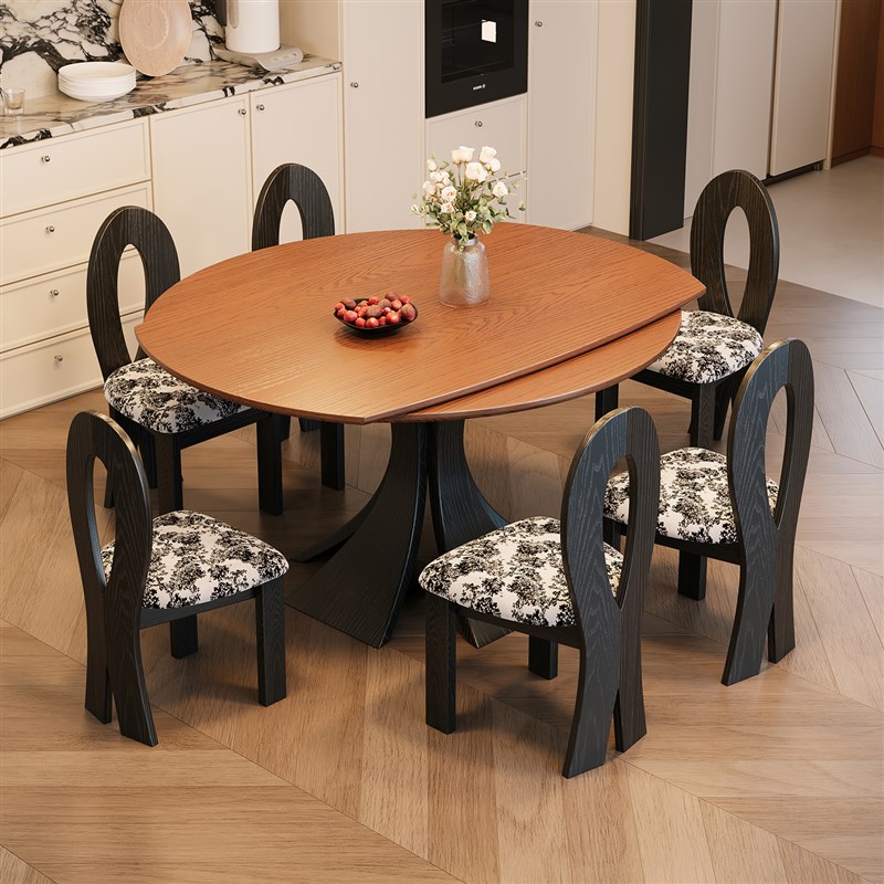 法式中古风全实木伸缩餐桌椅组合C客厅方圆两用圆桌白蜡木折叠饭