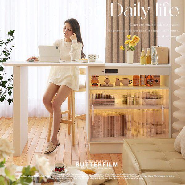 奶油风实木吧台桌家用伸缩白色靠墙餐边柜一体小户型客厅隔断桌子