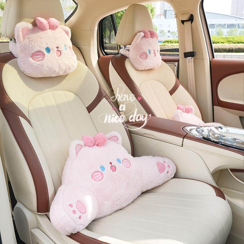 创意汽车头枕护颈枕仿兔毛卡通车用舒适腰靠垫可爱猫咪汽车靠枕