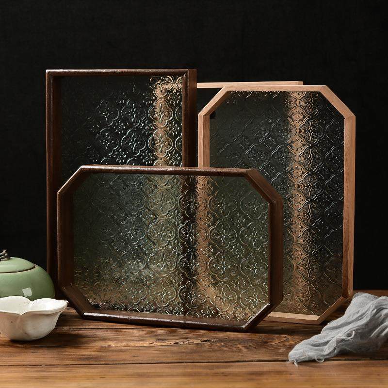海棠压花玻璃托盘 胡桃色长方形茶盘收纳摆件茶水杯子水果点心盘,餐饮具,盘,淘宝优惠券,粉丝福利购,淘宝优惠卷