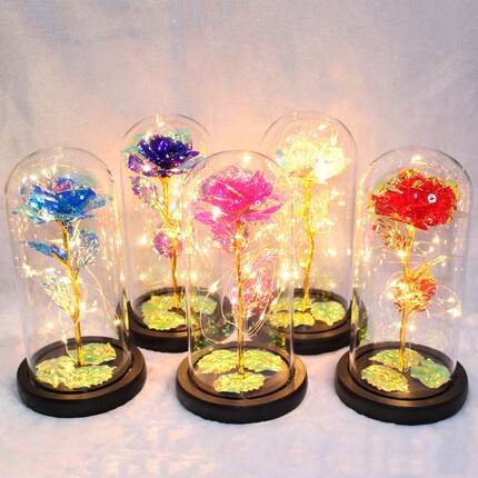 永生花led灯彩金玫瑰花三叶圆顶玻璃罩 圣诞母亲七夕情人节生日礼