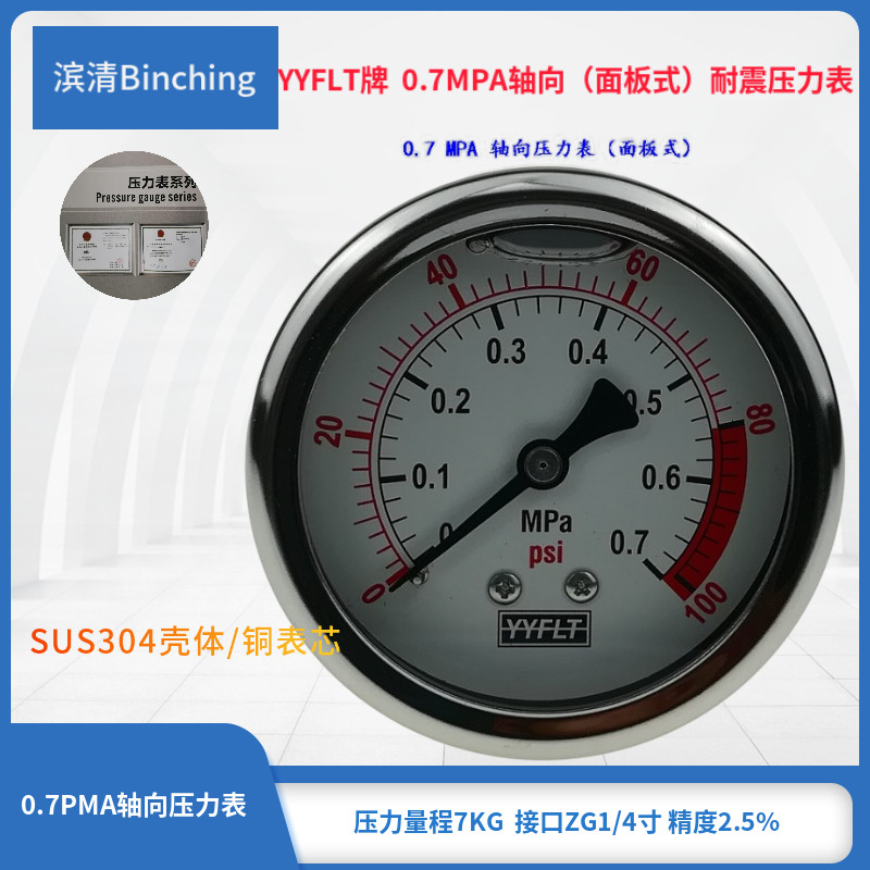滨清  耐震压力表 YN60Z轴向压力表 不锈钢压力表 0~0X.7PMA量程
