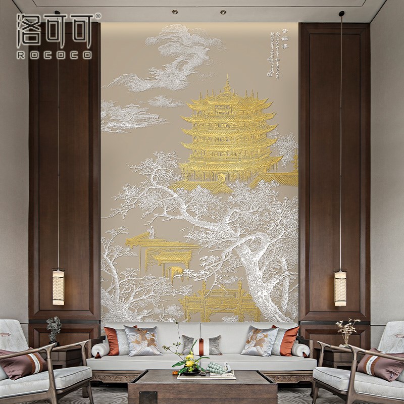 2025新中式山水墙纸背景墙壁纸别墅客厅挑高楼阁T建筑壁布玄关墙