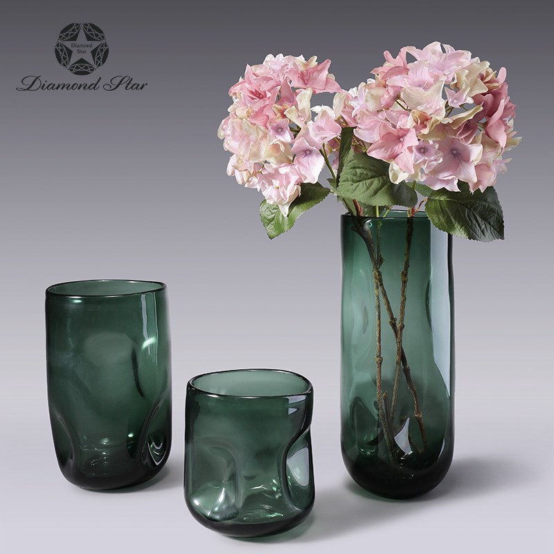钻石星 现代北欧绿色玻璃花瓶圆口水养富贵竹大号V工艺品软装饰品