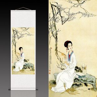 丝绸仕女挂画卷轴画玉梅群芳自在香李清照读书写字礼品挂画可定制