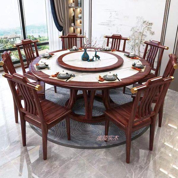 新中式乌金色实木岩板餐桌椅组合大理石圆桌酒店家用火锅桌带转盘,住宅家具,岩板餐桌,淘宝优惠券,粉丝福利购,淘宝优惠卷