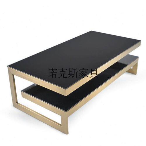 欧式后现代简约不锈钢镀金长方形茶几 创意双层玻璃茶桌 沙发边几