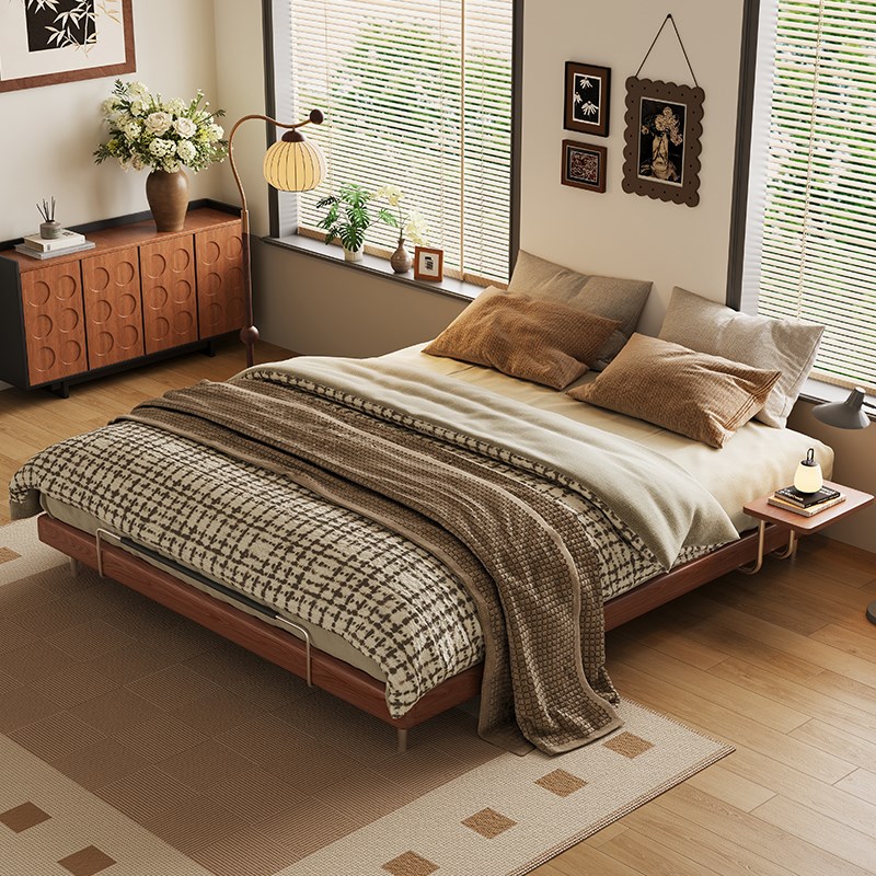 榻榻米无床d头带边几无靠背次卧矮脚白蜡木日式复古单人床实木床
