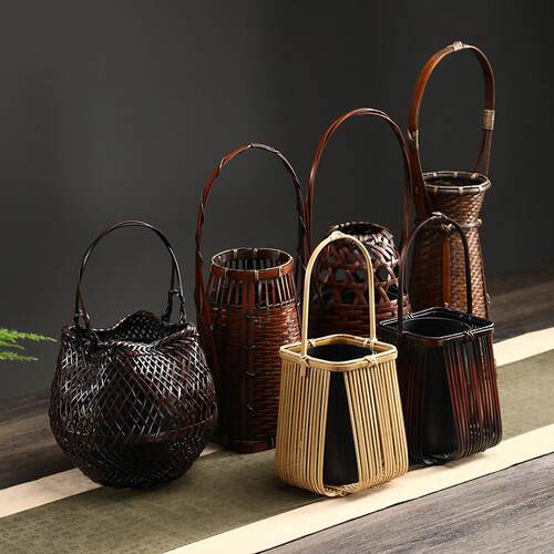 插花花篮手工竹编竹篮花器花篮子日式花瓶插花器中式器皿禅意摆件