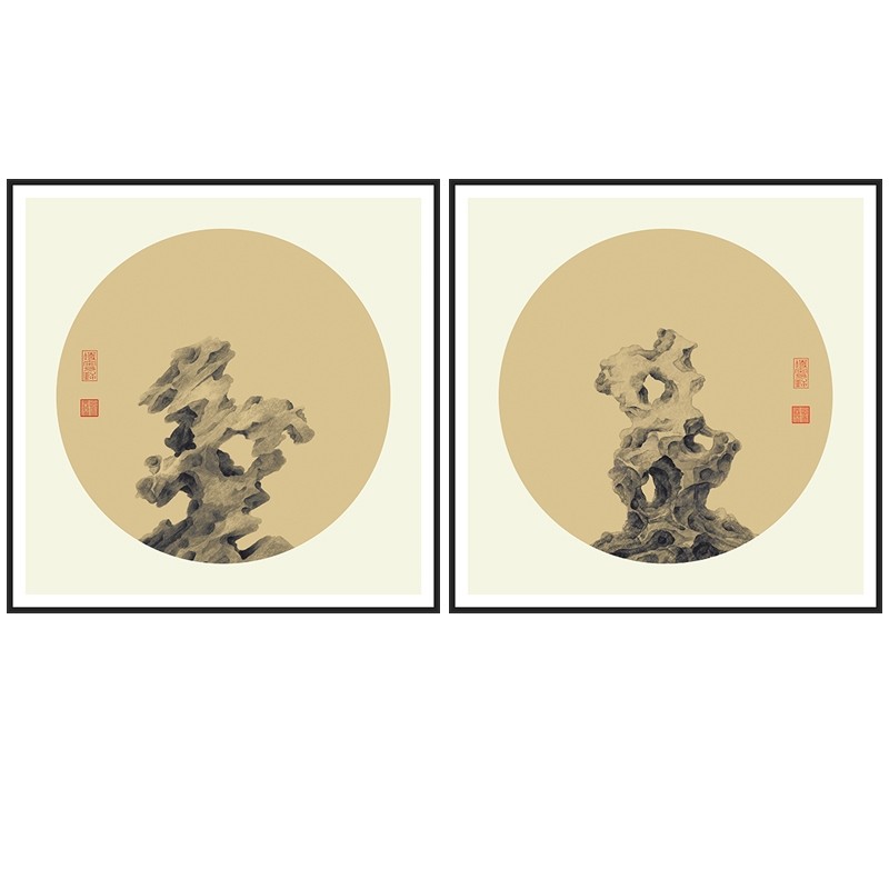 任杰太湖石新中式壁画q茶室装饰画禅意古风墙面挂画意境玄关定做