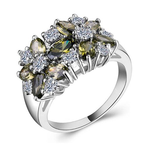 Green Zircon Diamond Flower Ring Fashionable European Americ