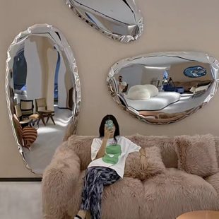 现代简约酒店不锈钢水滴镜子壁挂北欧轻奢金属鹅卵石软装艺术壁饰