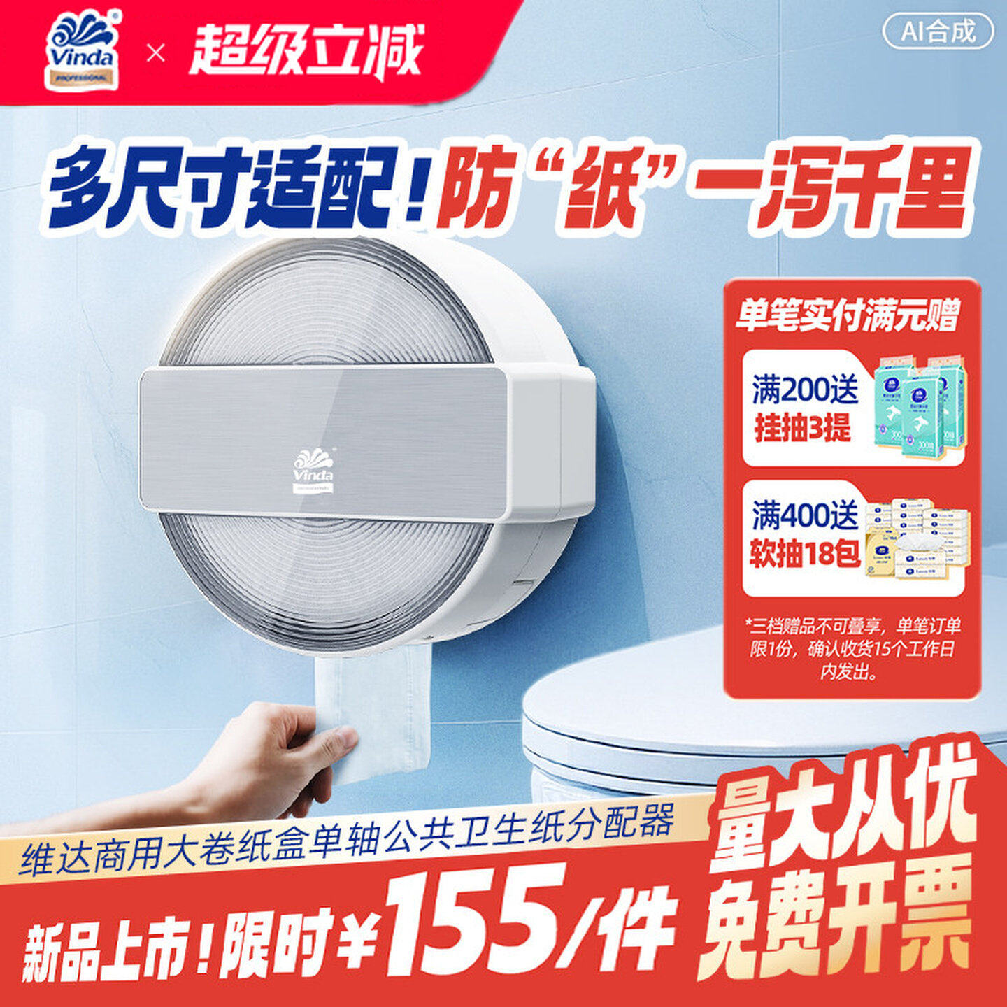 维达商用大卷纸盒大盘纸分配器酒店机场商用厕所壁挂式防水纸巾盒
