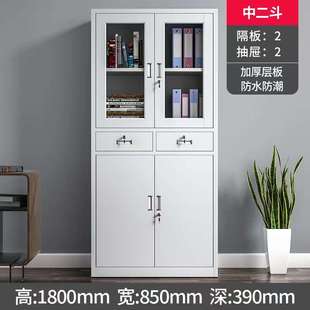 办公室文件柜铁皮柜灰2抽整装 上玻璃下铁门中二抽档案资料柜