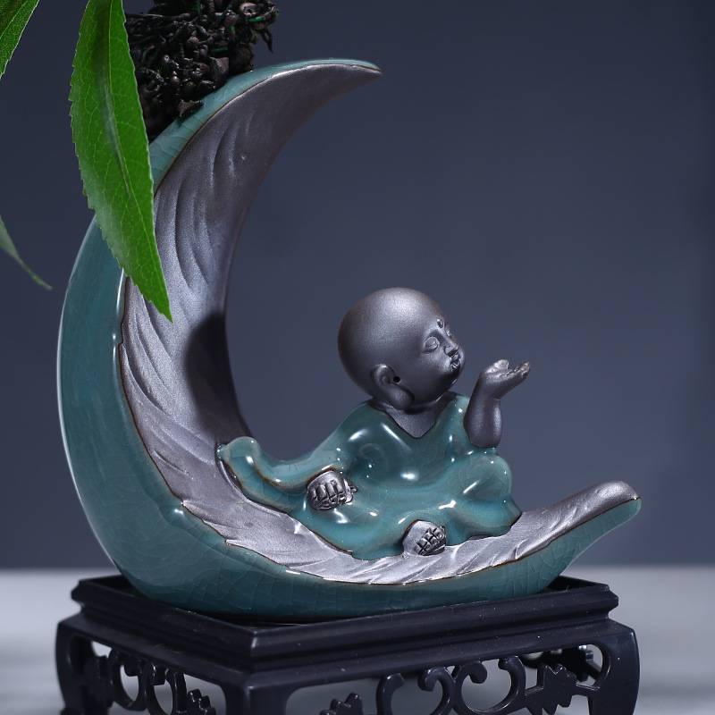 创意哥窑禅意摆件茶宠博古架摆件小和尚花瓶花器客厅家居饰品摆件