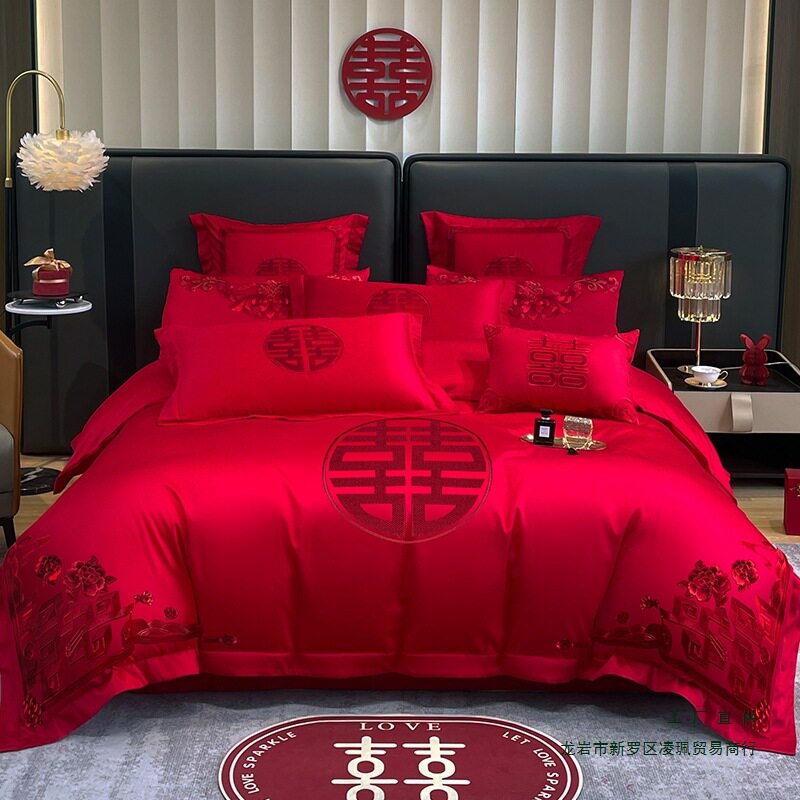 婚庆四件套婚嫁新婚床品刺绣被套红色龙凤婚房婚床喜庆中式套件