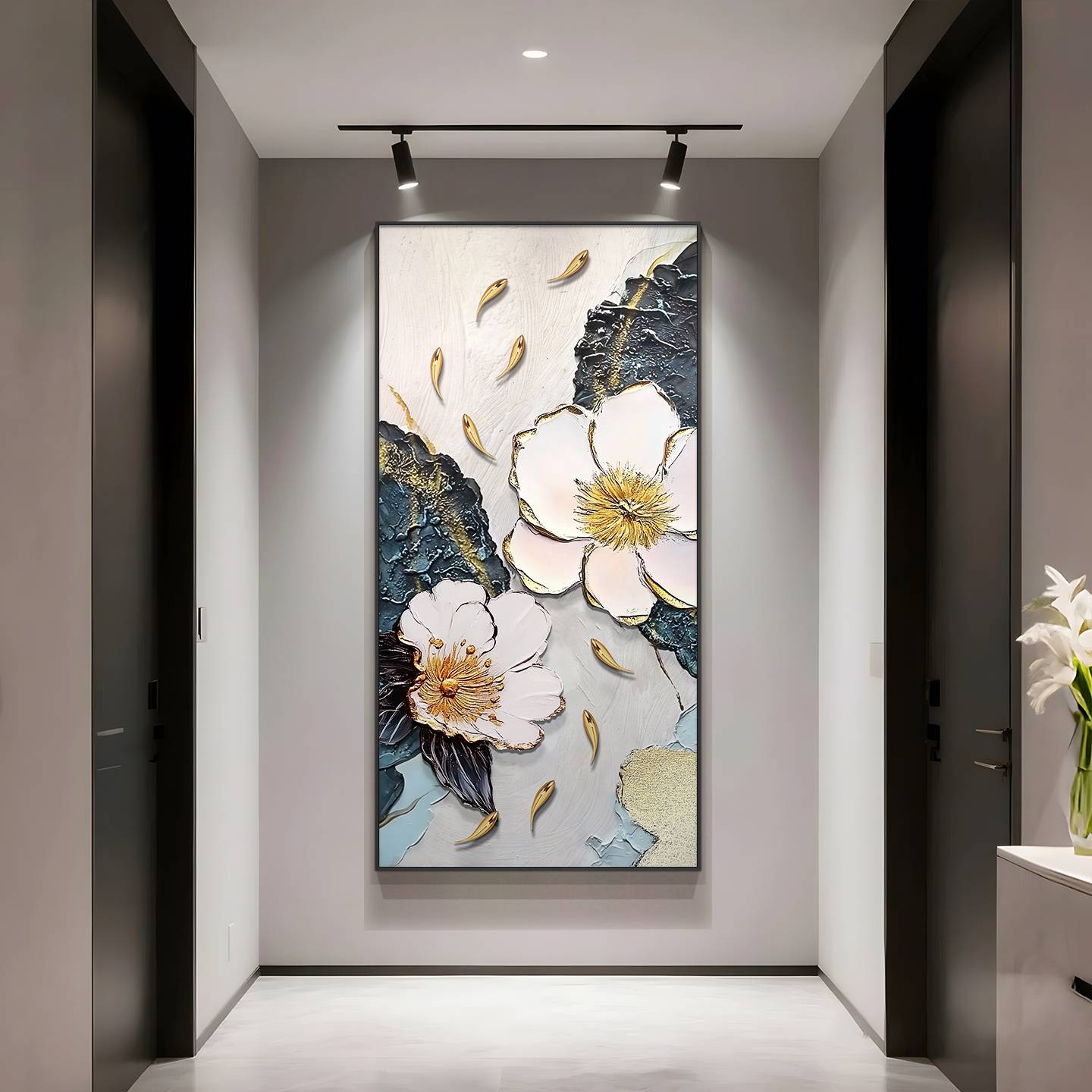 ?九鱼图玄关装饰画大芬村荷花手绘油画现代轻奢感走廊过道挂