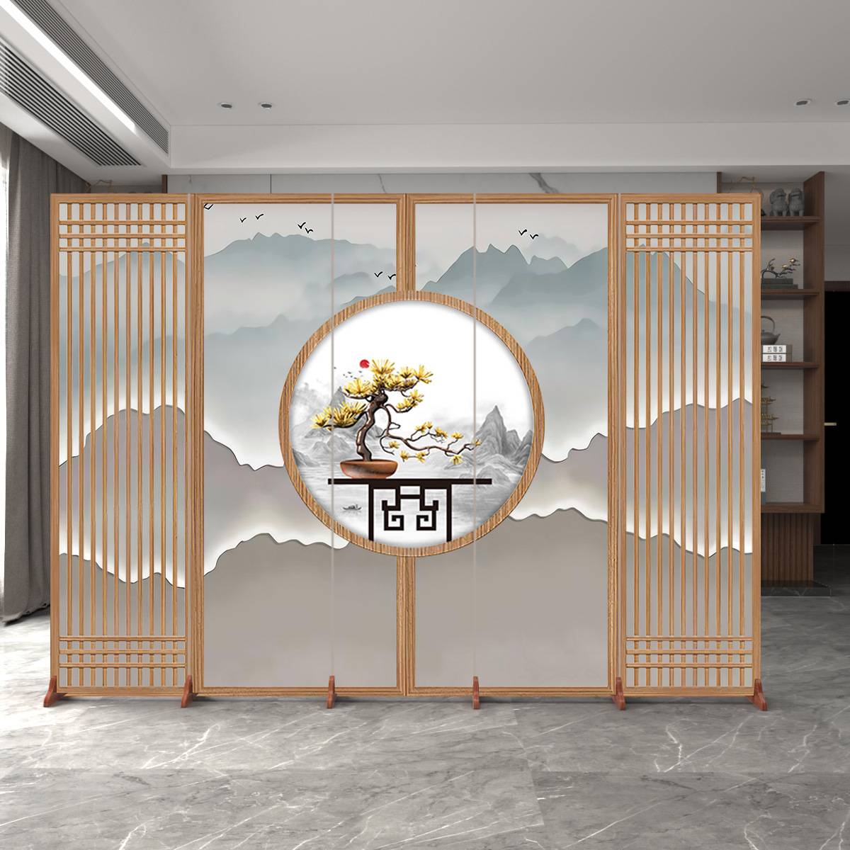 新中式国风仿古屏风隔断办公室家用卧室客厅玄关移动推拉折叠折木