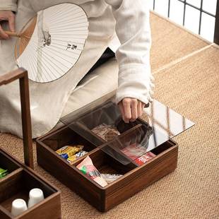 新款 胡桃木便携式茶盒茶道食盒实木收纳盒新中式多层提盒带盖盘