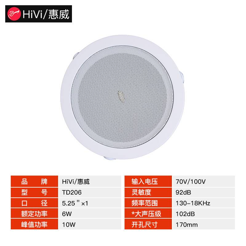 Hivi/惠威 TD206 定压吸顶喇叭商场酒店吊顶音响背景音乐天花音箱