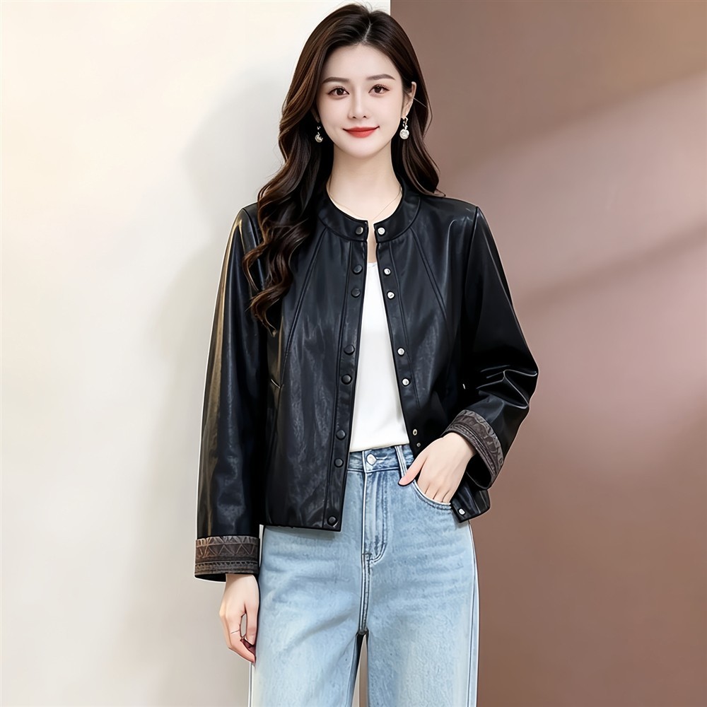 2026春秋季新款小个子圆领皮衣女宽松短款水洗皮夹克休闲外套潮