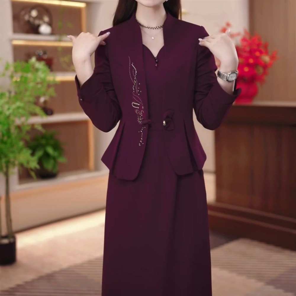 长袖高档小西装两件套连衣裙女2026春秋新款显瘦刺绣礼服套装裙子