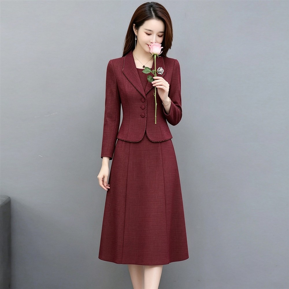 中青年女装时尚假两件连衣裙女2026秋季新款中长款妈妈西服连衣裙