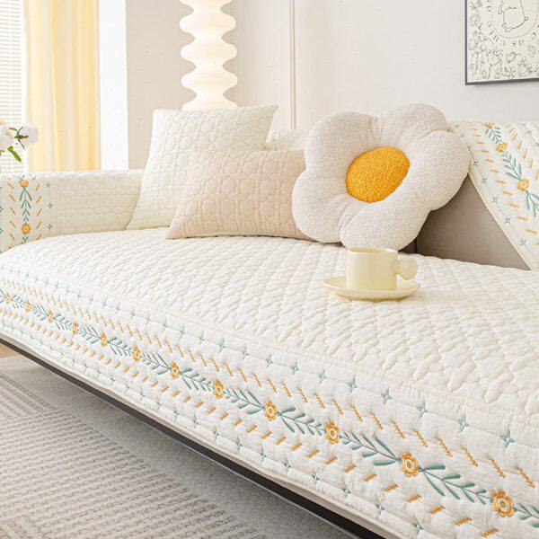 田园水洗棉沙发垫四季通用刺绣防滑坐垫沙发套罩简约现代全棉盖布