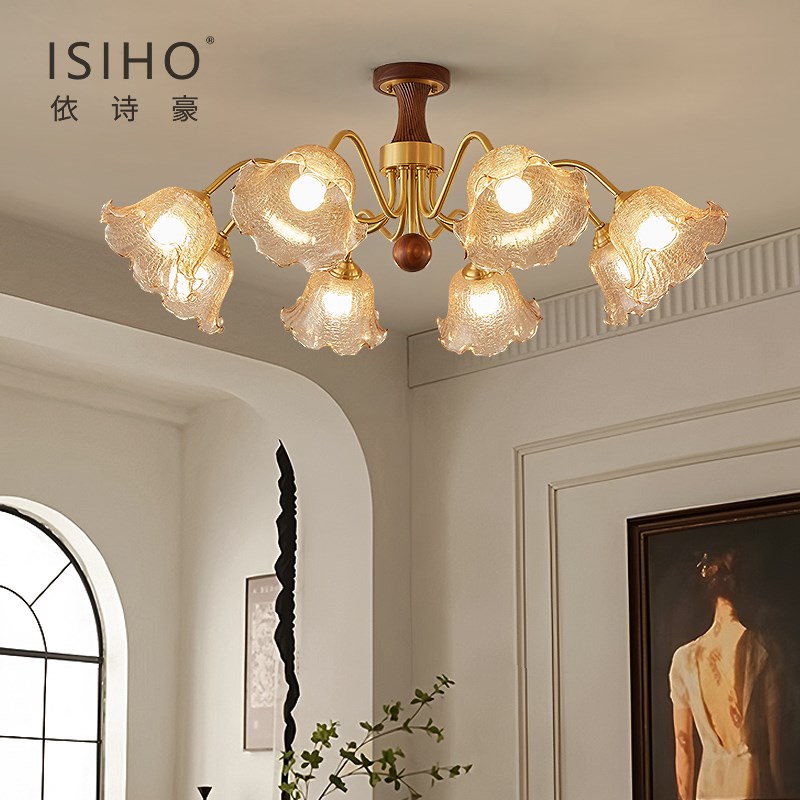 中古奶油风繁花i吊灯法式复古轻奢客厅吊灯低层高餐厅灯胡桃木高