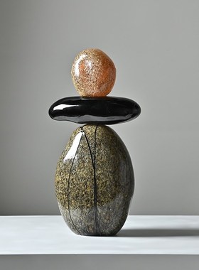 诧寂几何造型石头中古q琉璃摆件客厅茶几书柜Q台面装饰品样板间摆