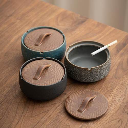 烟灰缸带盖创意家用办公室个性潮流客厅中式防飞灰防灰尘陶瓷北秦