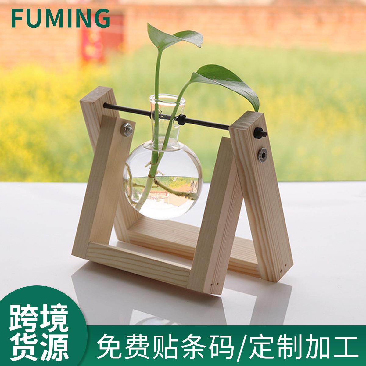 创意木架水培家居绿萝植物玻璃花瓶小清新木制工艺品摆件装饰花器
