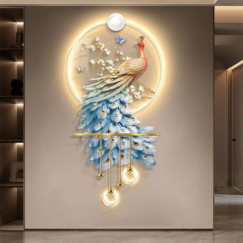 新中式孔雀玄关装饰画LED灯光挂画入户正对门走廊发光立体壁画灯图片