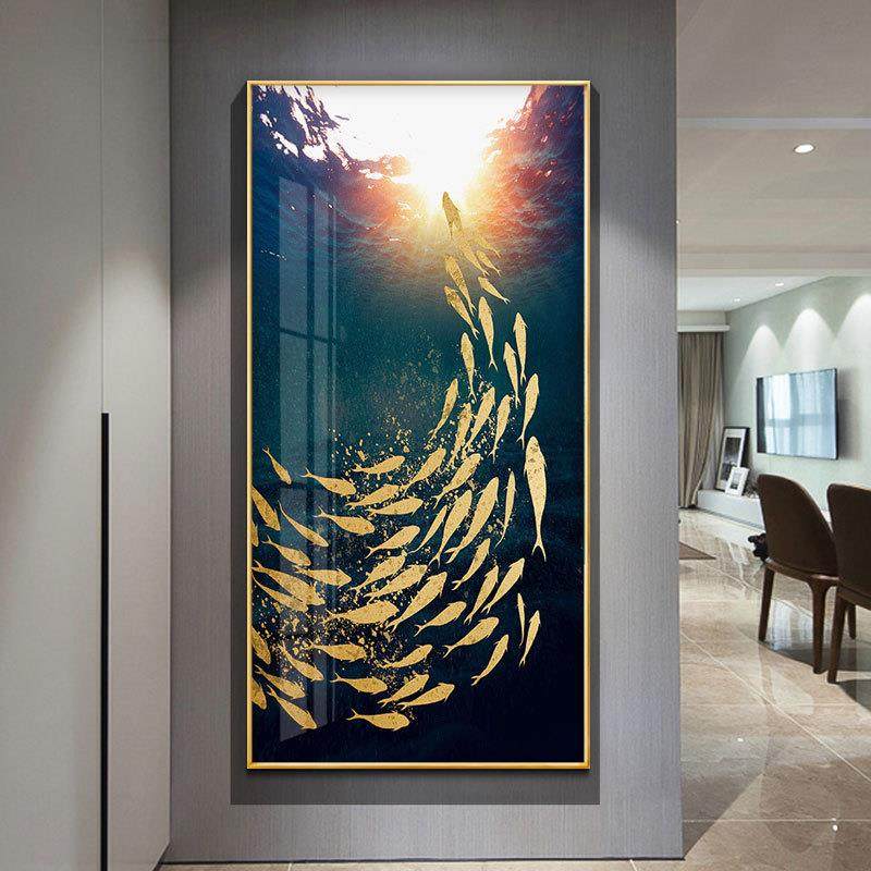 入户玄关招财风水壁画走廊进门装饰画过道大气鱼轻奢竖版中式挂画,家居饰品,现代装饰画,淘宝优惠券,粉丝福利购,淘宝优惠卷