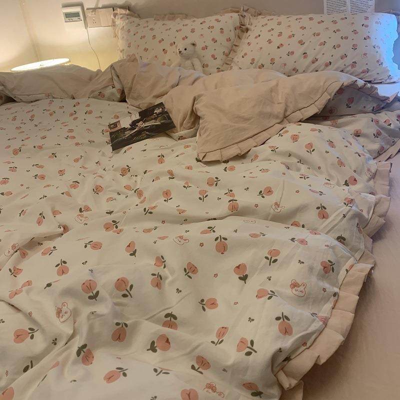 田园小碎花被套公主风花边轻奢简约床单水洗棉被罩被单学生三件套