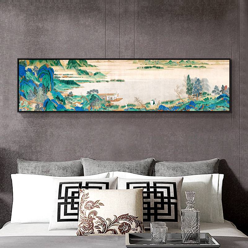 新中式酒店软装饰画宾馆卧室床头挂画横长条工笔国画竹山水画壁画图片