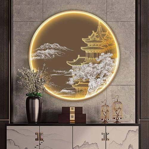 新中式玄关装饰画灯画圆形酒店壁画跨境过道水墨鹤楼背景挂画