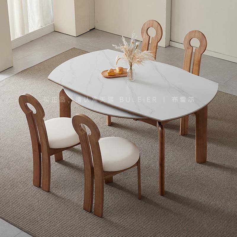 法式复古伸缩岩板伸缩餐桌小户型中古风实木可折叠圆桌方桌