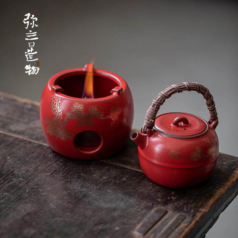 围炉煮茶套装粗陶日式酒精蜡烛温茶炉家用复古藤编提梁煮茶壶