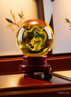 祥辟雕龙火摆件球内龙摆设图案水晶球神龙青龙办公桌生肖龙球黄色
