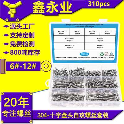 310pcs不锈钢304GB845#6~#12十字盘头自攻螺丝自攻钉跨境盒装