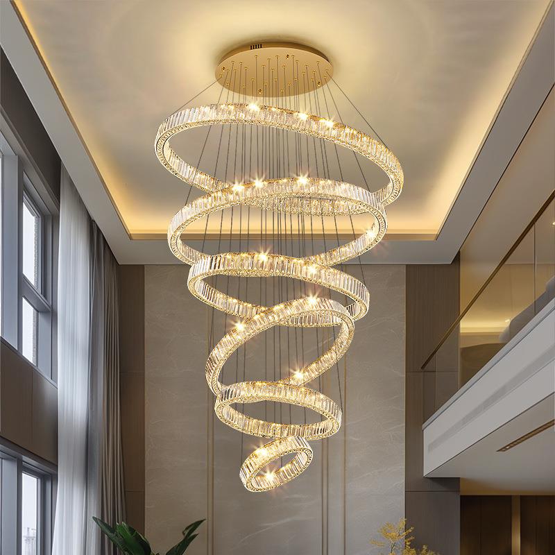 轻奢别墅复式楼大吊灯客厅灯2024年新款挑空水晶灯圆形楼梯长吊灯