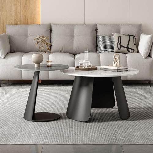 轻奢岩板圆形茶几边几组合现代简约小户型客厅家用大小圆茶几桌