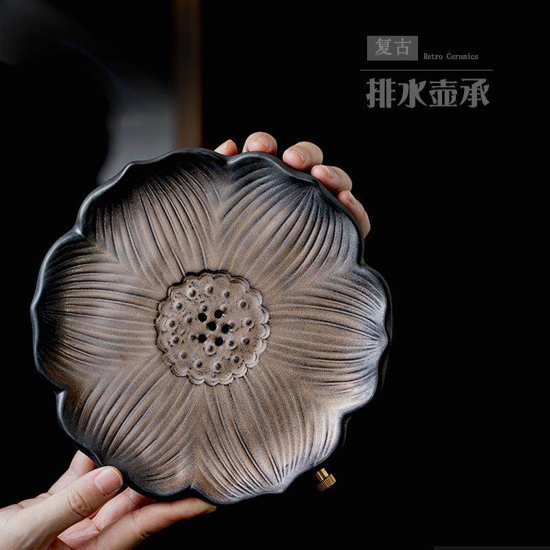 陶瓷复古干泡台家用小号茶盘中式鎏金简约壶承茶壶底座可排水茶台,电子元器件市场,其它元器件,淘宝优惠券,粉丝福利购,淘宝优惠卷