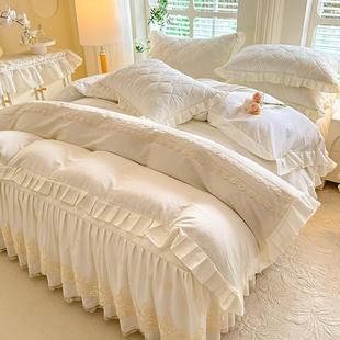 2025全棉床裙款 荷叶边轻奢被套床单夹棉床盖 四件套山茶花纯色法式