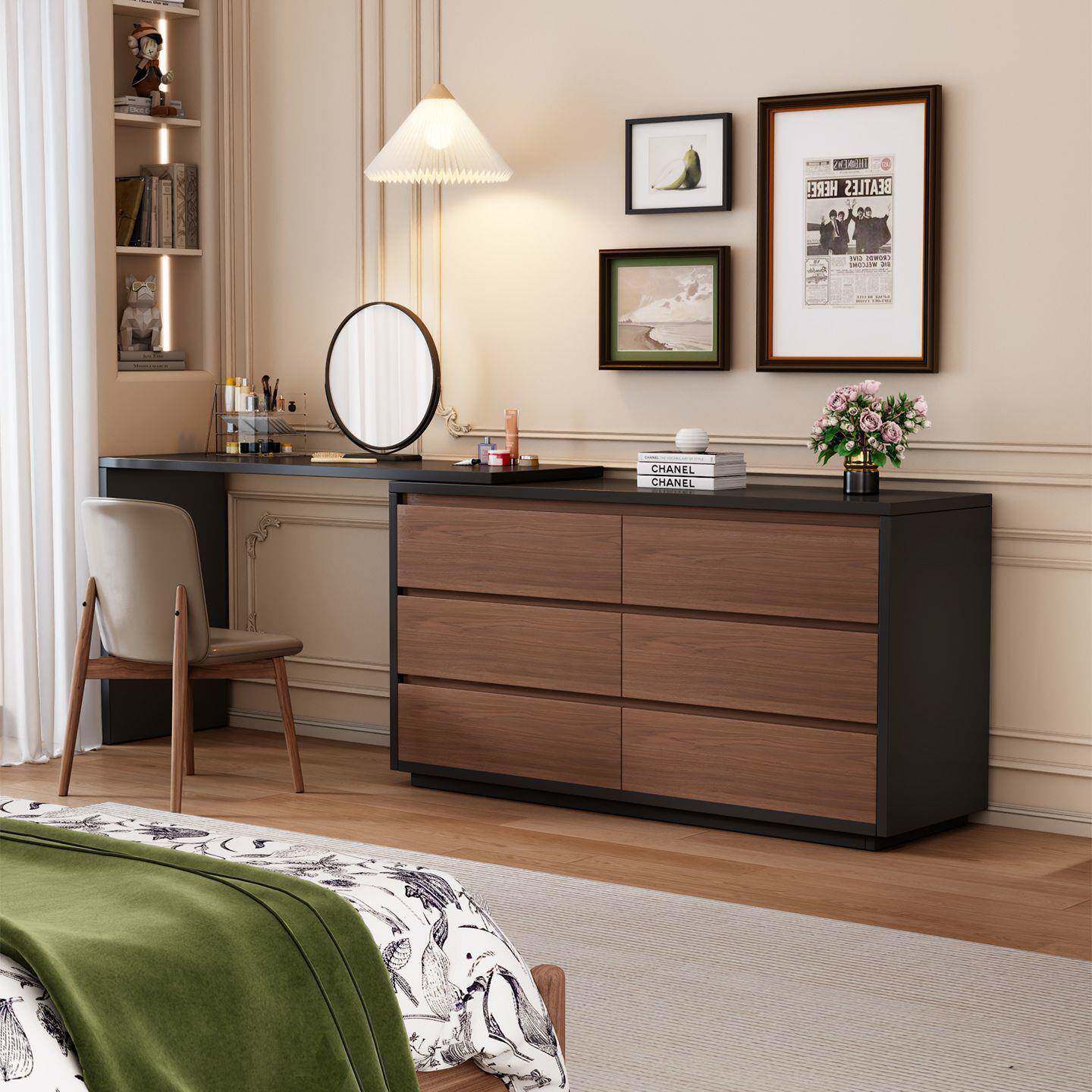 中古风梳妆台梳妆台斗柜一体实木卧室现代简约转角书桌卧室梳妆台