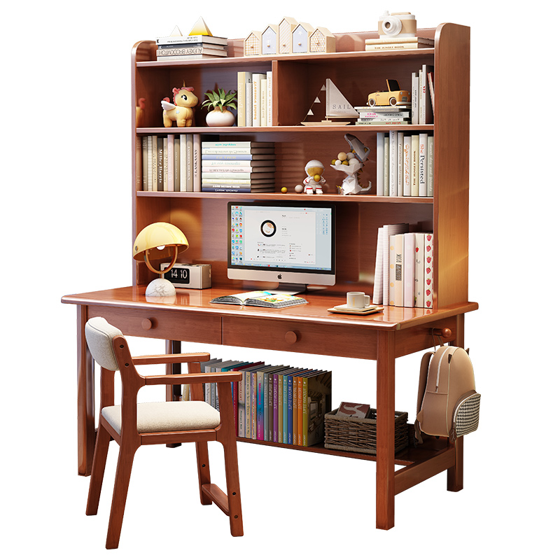 实木儿童学习桌书桌书架一体组合简约家用电脑桌初高中学生写字桌
